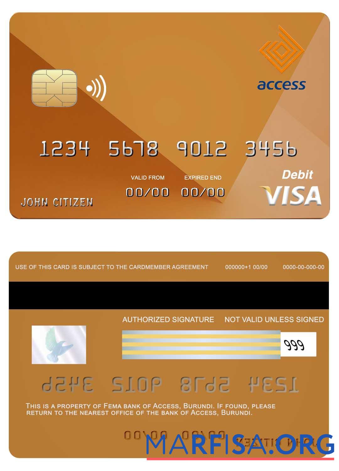 Printable Burundi Access bank visa card example